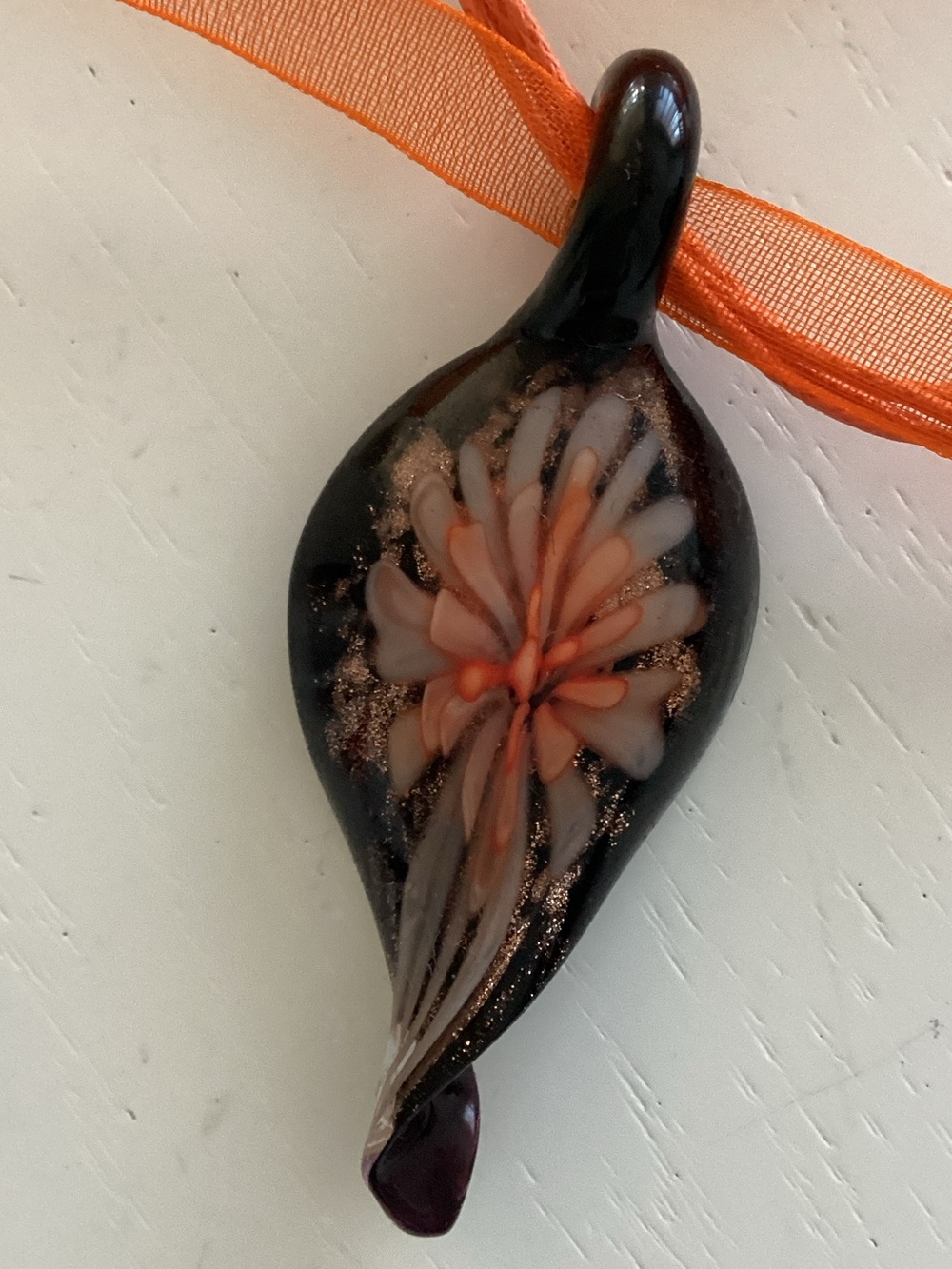 Black Glass Pendant with Coral Flower